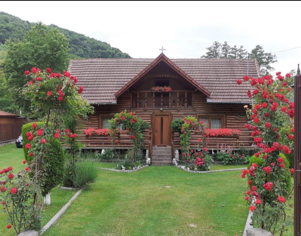 a wooden house with flowers in the yard at Casa Bunicii in Costeşti