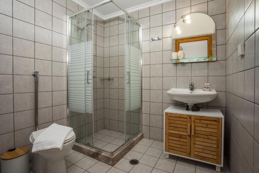 a bathroom with a shower and a sink and a toilet at Margaritas apartments in Symi