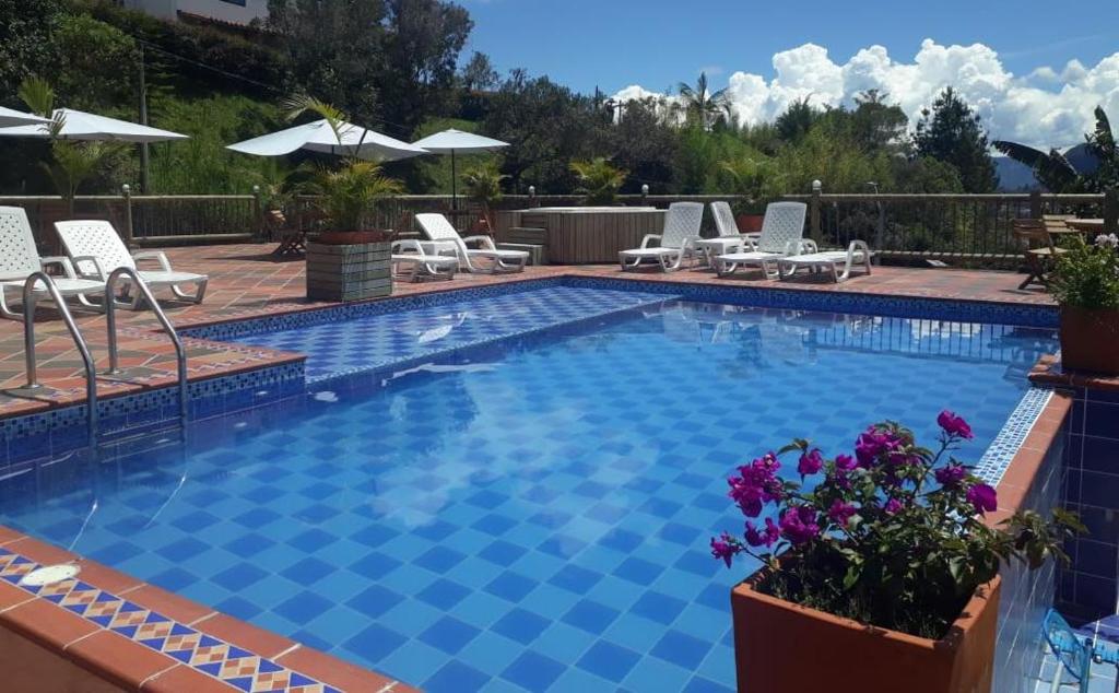 a large swimming pool with chairs and flowers at Hotel Estaciones in Guatapé