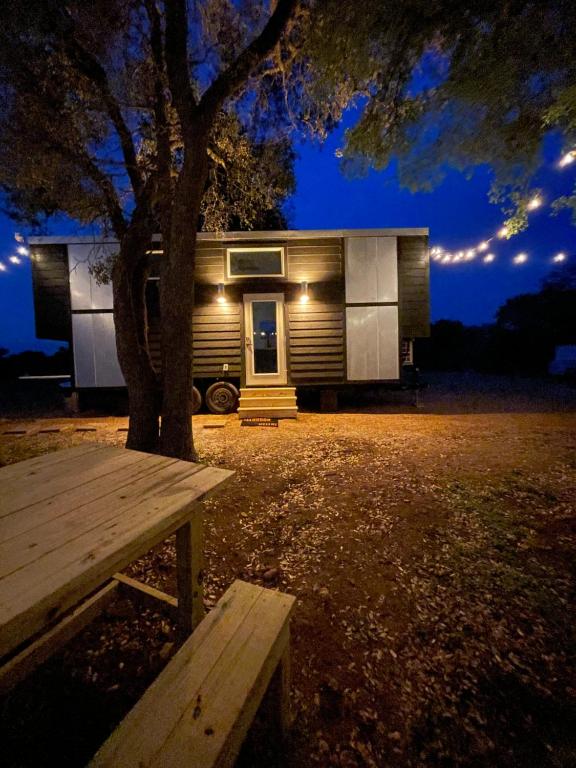 een caravan met een bank naast een boom in de nacht bij Tiny Islands Resort in Blanco