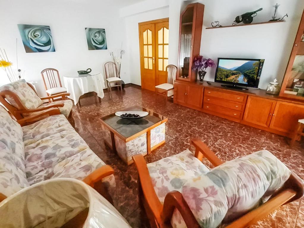 a living room with a couch and a tv at Alojamiento Santa Ana in Cazorla