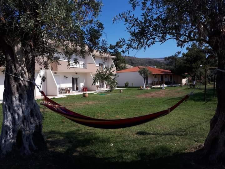 una hamaca colgando de un árbol en un patio en Studios Dimitraki en Skala Rachoniou