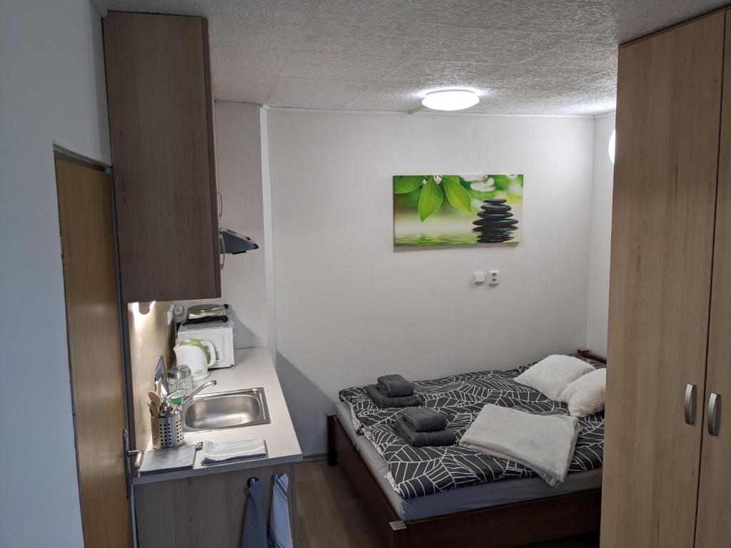 a small room with a bed and a sink at Útulné studio u Mariánského údolí v Brně - Líšni in Líšeň