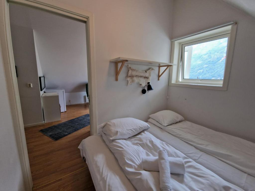 a bedroom with two beds and a mirror at Undredal Fjord Apartments in Undredal