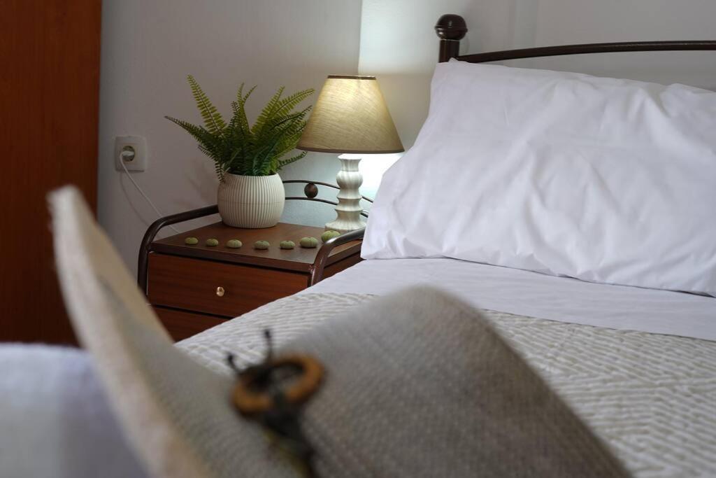 a bedroom with a bed and a table with a lamp at Achinos *2, Seaside, between Ierapetra & Myrtos! in Gra Liyiá