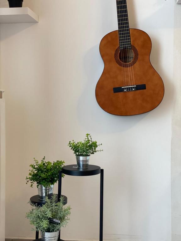 a guitar hanging on a wall with two potted plants at Casa Major in Maiori