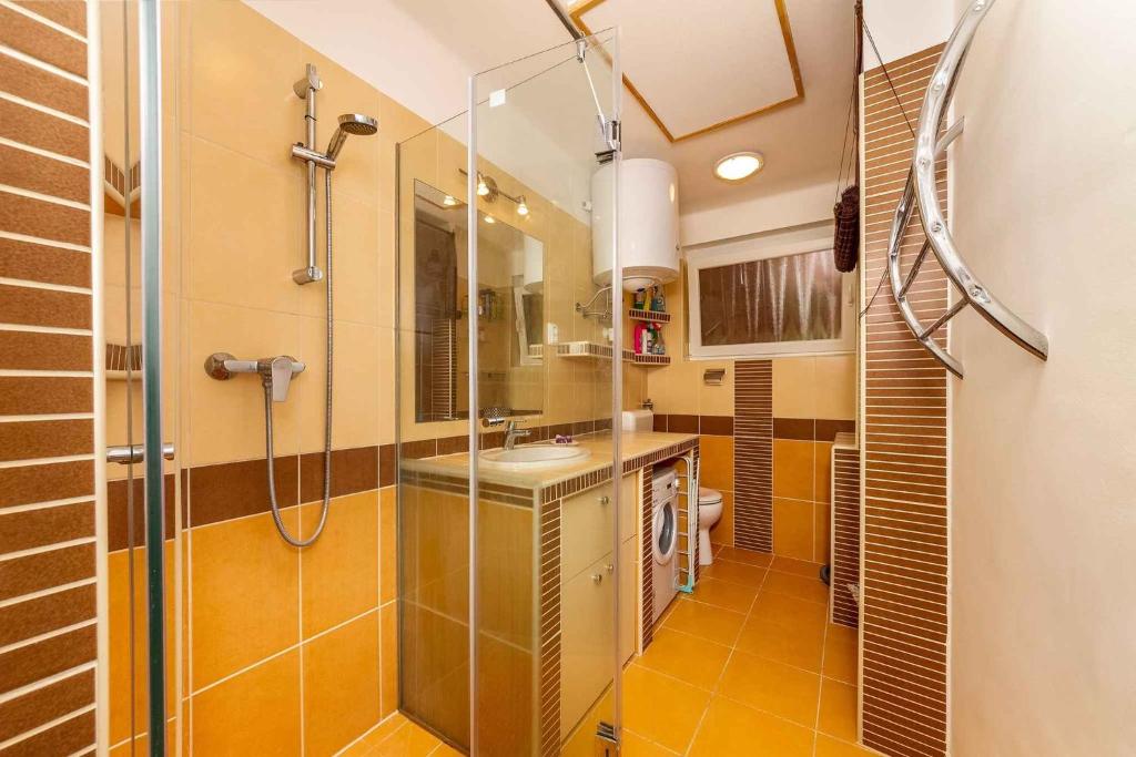 a bathroom with a shower and a sink at Holiday home in Balatonmariafürdo 40847 in Balatonmáriafürdő