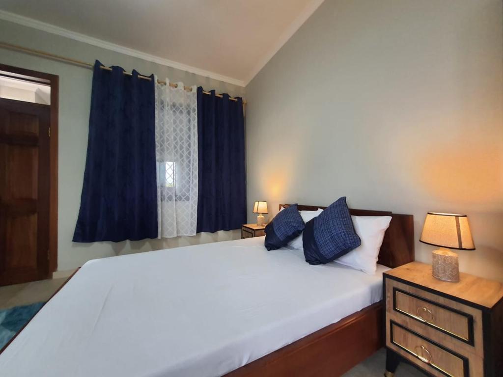 a bedroom with a large white bed with blue pillows at Spacious Holiday Let Wi-Fi & Private Amenities Oyibi in Oyibi