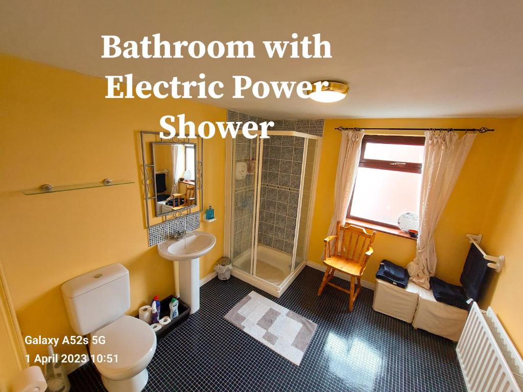 a bathroom with an electric powered shower with a toilet at Blue Door Apartment Main St, Carrigart, F92HC04 in Carrigart