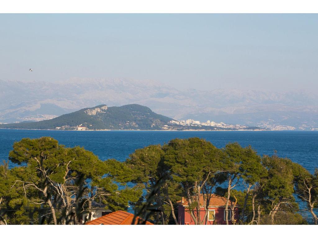 a view of the ocean with mountains in the background at Apartment Miranda in Slatine
