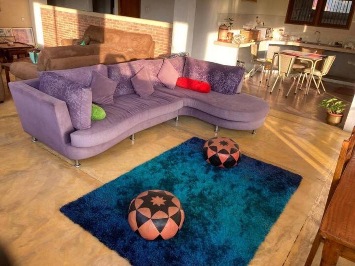 a living room with a purple couch and two soccer balls at Lake Round Residence in Kandy