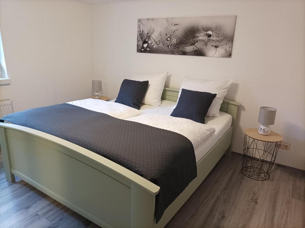 施托爾貝格哈爾茨的住宿－FeWo ,,An der kleinen Wilde''，一间卧室配有一张带蓝色枕头的大床