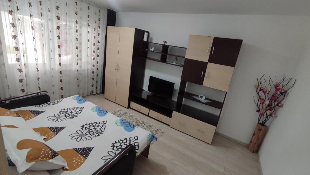 a bedroom with a bed and a cabinet with a television at Închiriez garsonieră Regim hotelier in Râmnicu Vâlcea