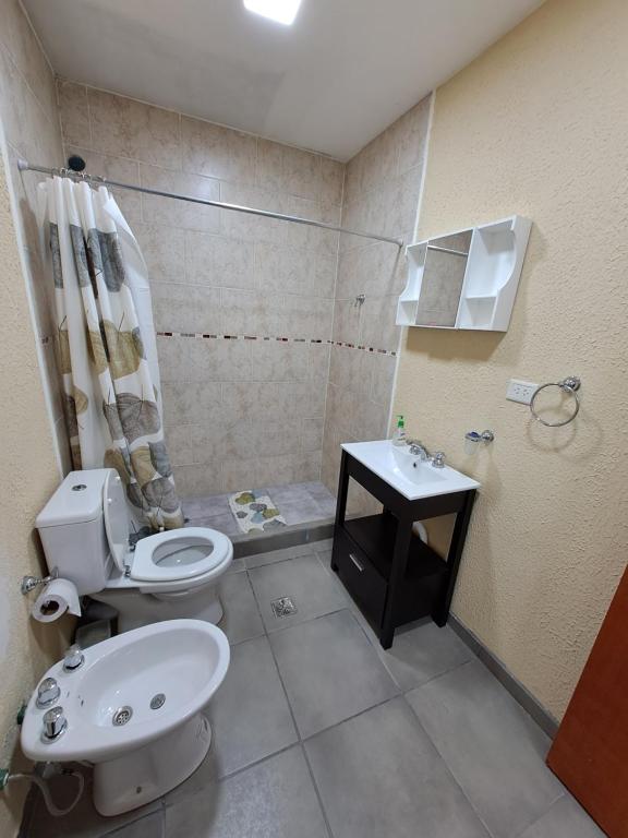 a small bathroom with a toilet and a sink at Vientos del Sur in Río Gallegos