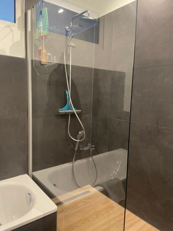 Ferienwohnung mit Whrpool في كوبلنز: حمام مع دش وحوض استحمام ومغسلة