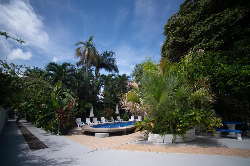 a resort with a pool and chairs and palm trees at La Perlita in Jacó