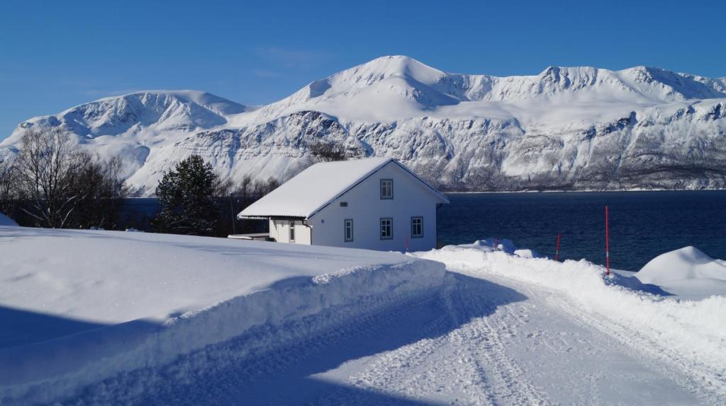 ein Haus im Schnee mit Bergen im Hintergrund in der Unterkunft Heggelund in Svensby