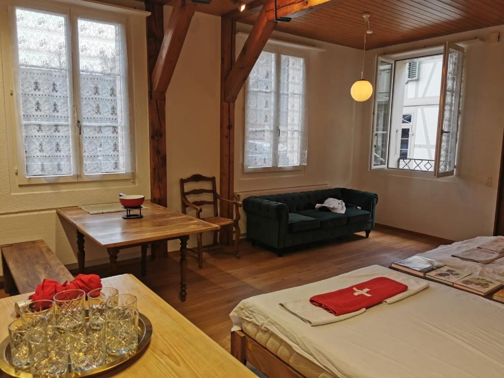ein Wohnzimmer mit einem Sofa und einem Tisch in der Unterkunft Simple Studio in the Center of Burgdorf - 36 m2 with prívate parking in Burgdorf