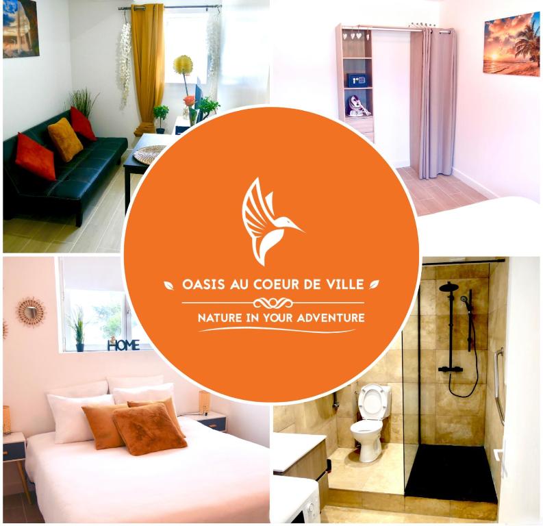 un collage de photos d'une chambre dans l'établissement Oasis Sun, à Sens