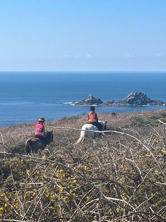 two people riding horses on a hill near the ocean at Syds Corner bell tent in St. Just