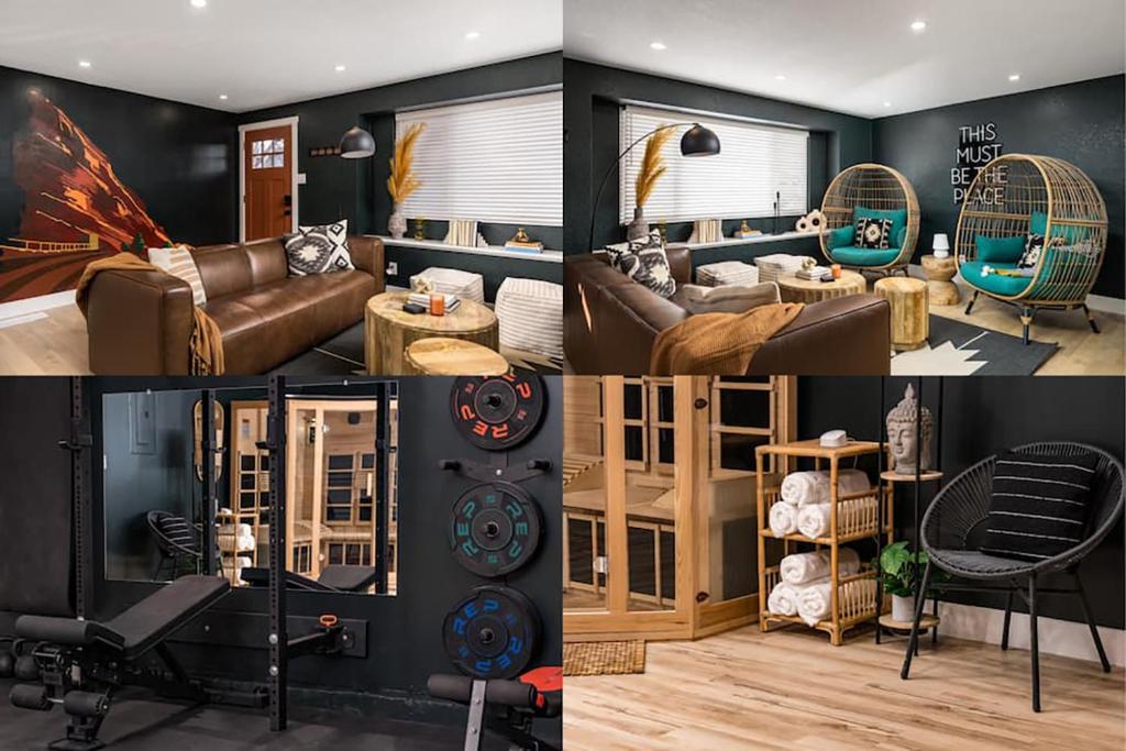 un collage de photos d'un salon dans l'établissement Red Rocks Haus - Brand New!, à Wheat Ridge