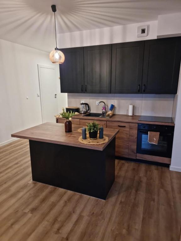 een keuken met zwarte kasten en een houten aanrecht bij Apartament Anna in Leszno