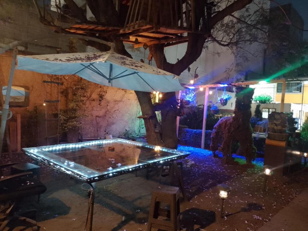 a table with an umbrella in a yard at night at Casita del Árbol in Mexico City