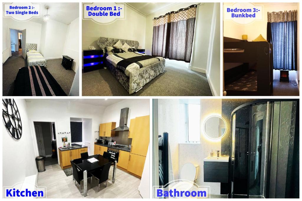 een collage van vier foto's van een hotelkamer bij 3 Bedroom Entire Flat, Luxury facilities with Affordable price, Self Checkin/out in Fife