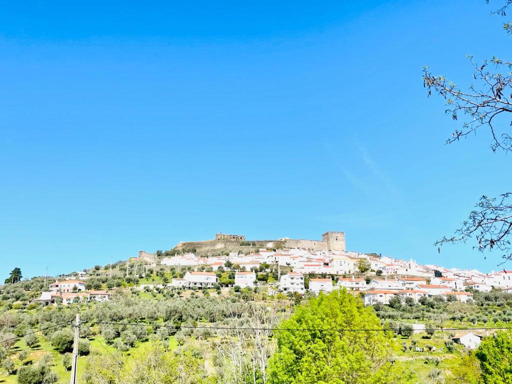 una ciudad en la cima de una colina con un castillo en Casa do Martinho, en Castelo de Vide