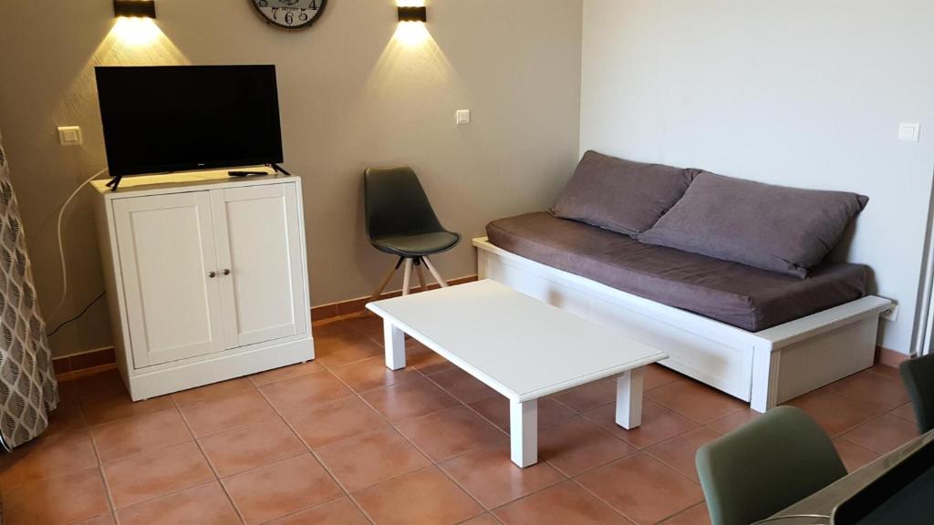 un salon avec un canapé et une télévision dans l'établissement Village Pont Royal en Provence - maeva Home - Appartement 2 pièces 6 personnes - Sélection MAE-2134, à Mallemort