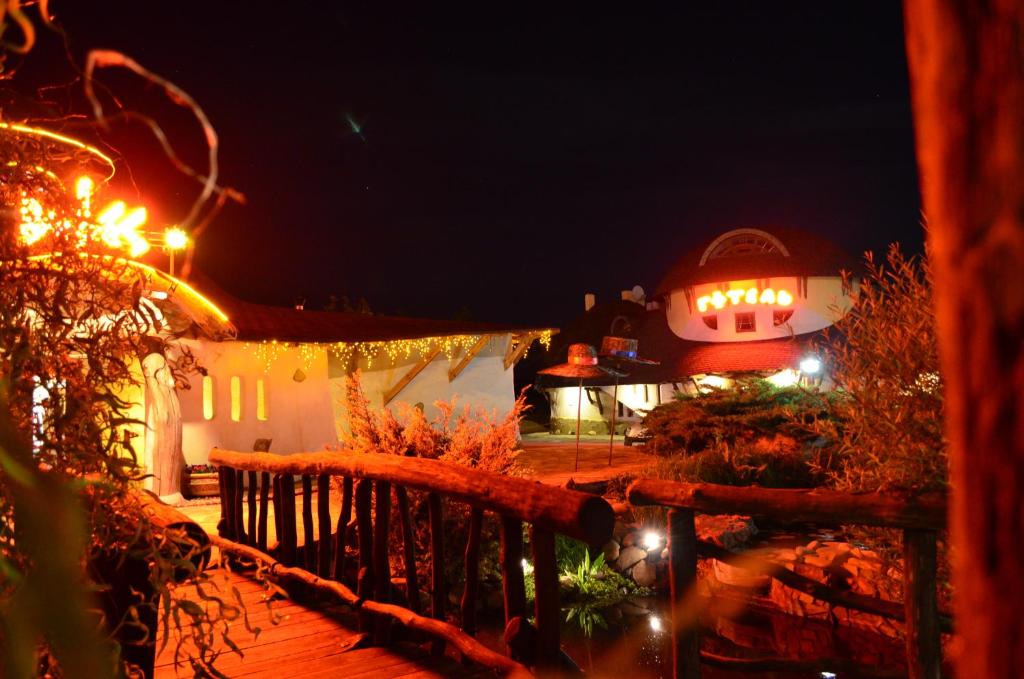 ein Haus mit Lichtern in der Nacht in der Unterkunft Hotel Veles in Zolotonosha