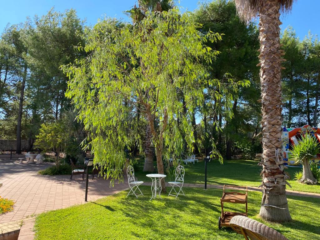 um parque com cadeiras, uma mesa e uma palmeira em Sole al Sud em Corigliano dʼOtranto