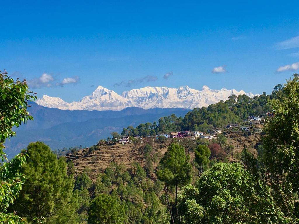 een bergketen met besneeuwde bergen in de verte bij Himalaya View in Rānīkhet
