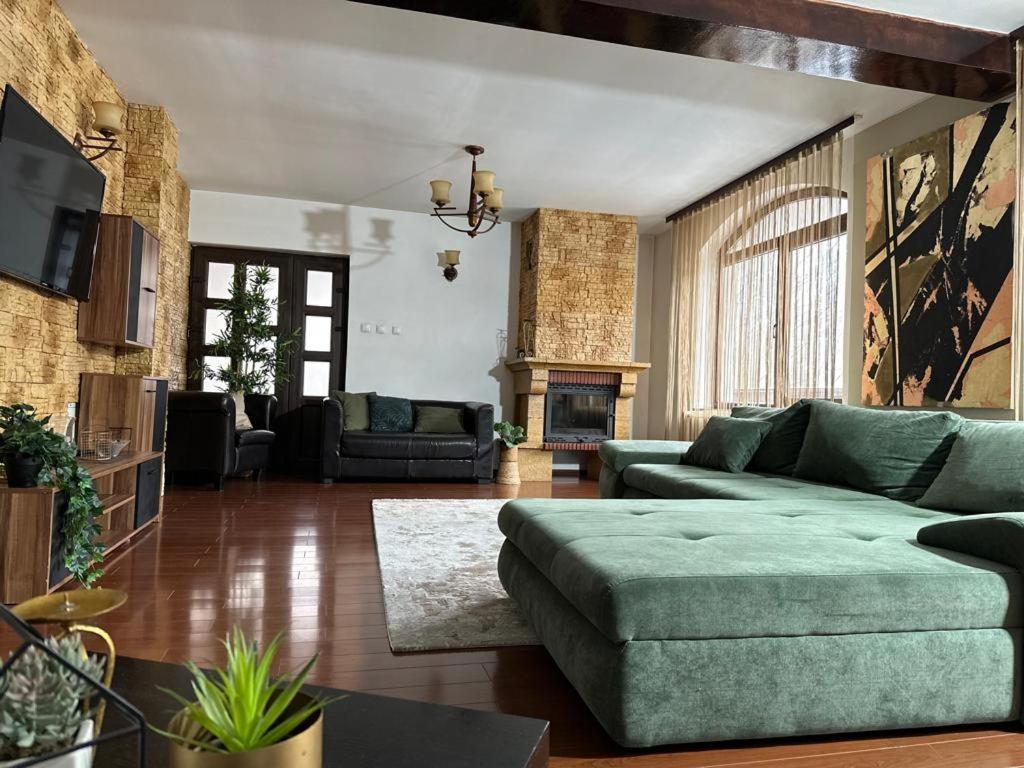 a living room with a green couch and a fireplace at Vila Aldor in Bran