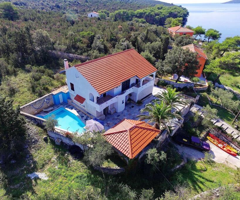 eine Luftansicht eines Hauses mit Pool in der Unterkunft Villa Nikolina in Molat