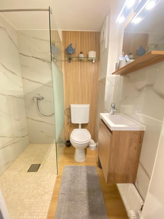 ein Bad mit einem WC und einem Waschbecken in der Unterkunft Schulz Apartments Zentrum in Bonn