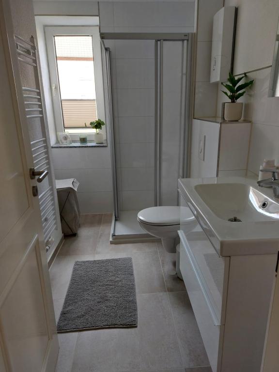 ein weißes Bad mit einem Waschbecken und einem WC in der Unterkunft Hyggelige und zentrale Eigentumswohnung in Rostock