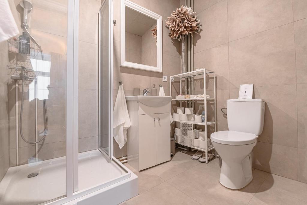 uma casa de banho com um WC, um chuveiro e um lavatório. em St.Jacobs's apartments Old Town Riga em Riga
