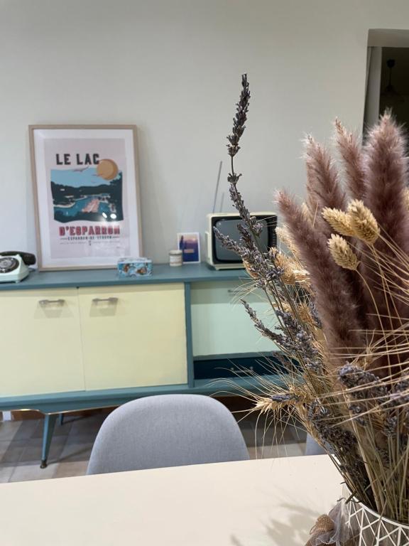 a desk with a chair and a vase with a plant at T3 rénové esprit vintage, au coeur du Verdon in Montagnac