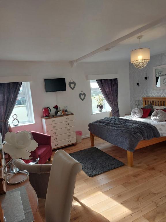 ein Schlafzimmer mit einem Bett, einem Sofa und einem TV in der Unterkunft Broadlea of Robgill Country Cottage & Bed and Breakfast in Ecclefechan