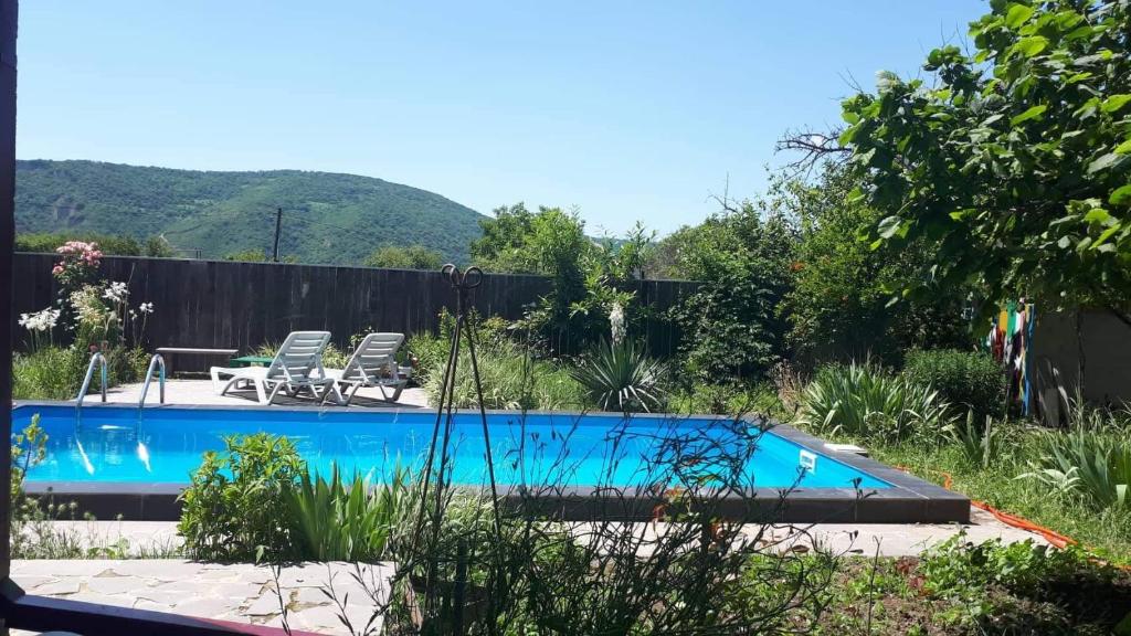 una piscina en un jardín con 2 sillas de césped en Cozy cottage near Tbilisi, en Kubriantkari
