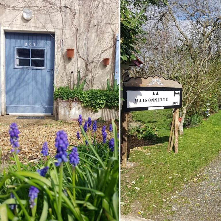 deux photos d'une maison avec une porte bleue et des fleurs dans l'établissement La maisonnette 301, à Saint-Ouen-en-Belin
