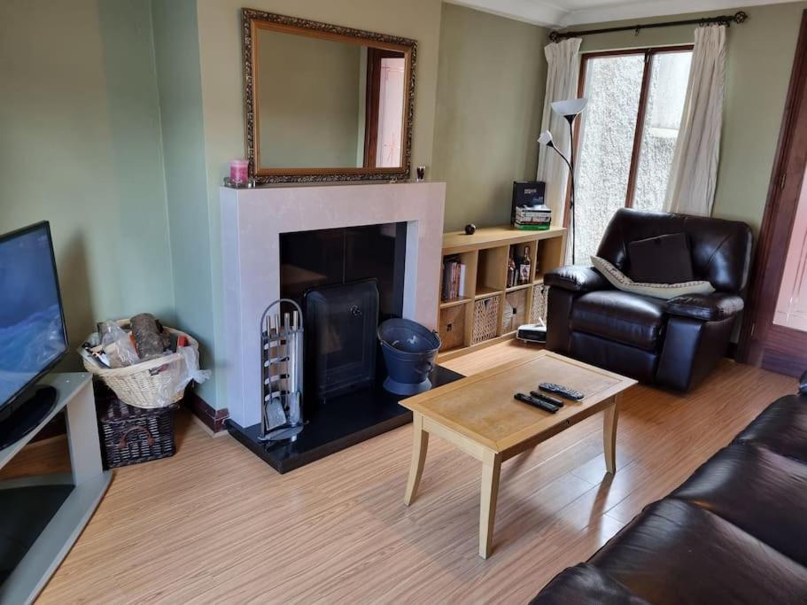a living room with a couch and a fireplace at Entire house with parking, centrally located & close to Aviva Stadium in Dublin