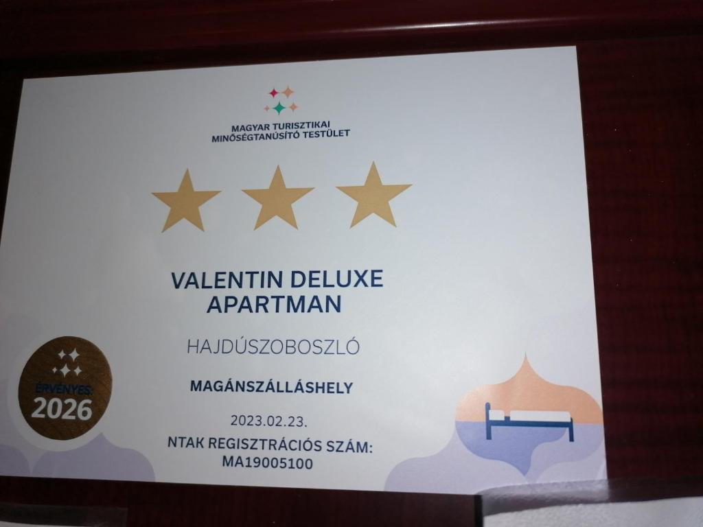 Certyfikat, podpis lub inny dokument wystawiony w obiekcie Valentin Deluxe Apartman