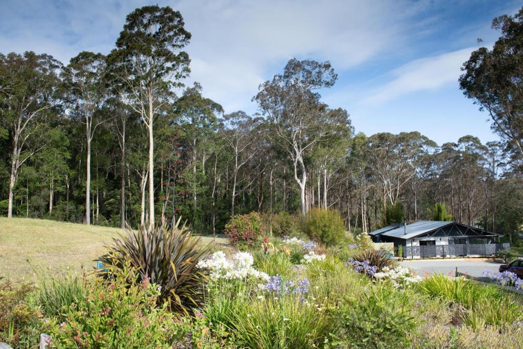 a garden with flowers and a building in the background at 2 Bedroom Studio - Korindi BnB - Batemans Bay Area in Long Beach
