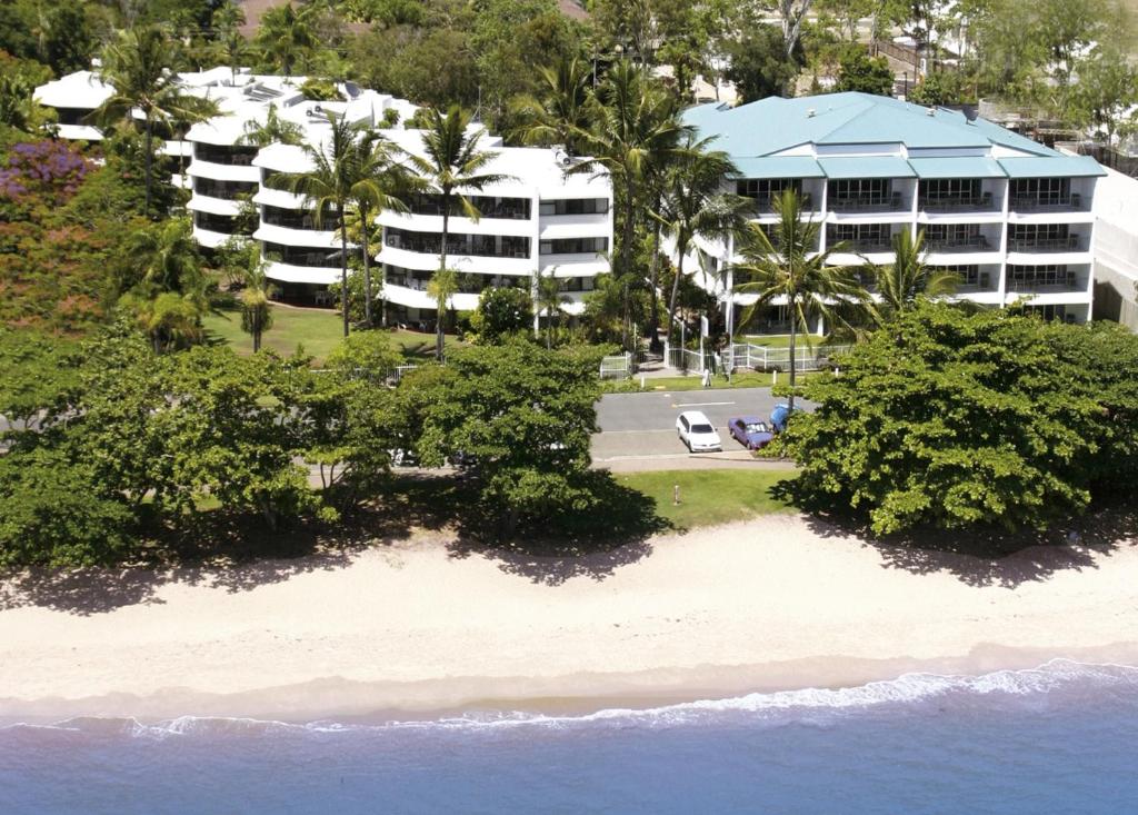 an aerial view of the resort from the beach at Roydon Beachfront Apartments in Trinity Beach