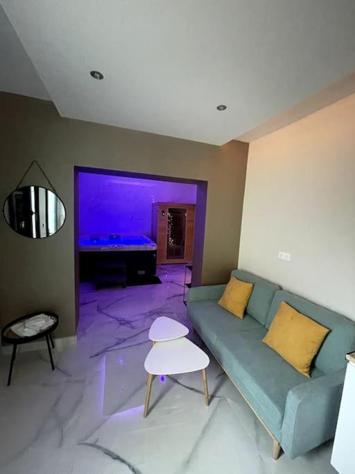 sala de estar con sofá y TV en Initimy Spa, en Sainte-Savine