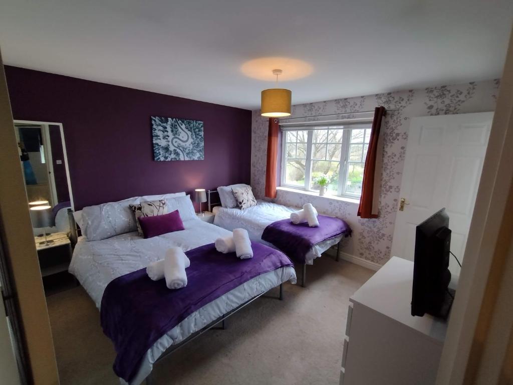 two beds in a bedroom with purple walls at Edelweiss House in Great Barr