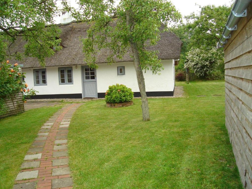 a white house with a tree in the yard at Fischerkate-mit-schoenem-Garten in Sankt Peter-Ording