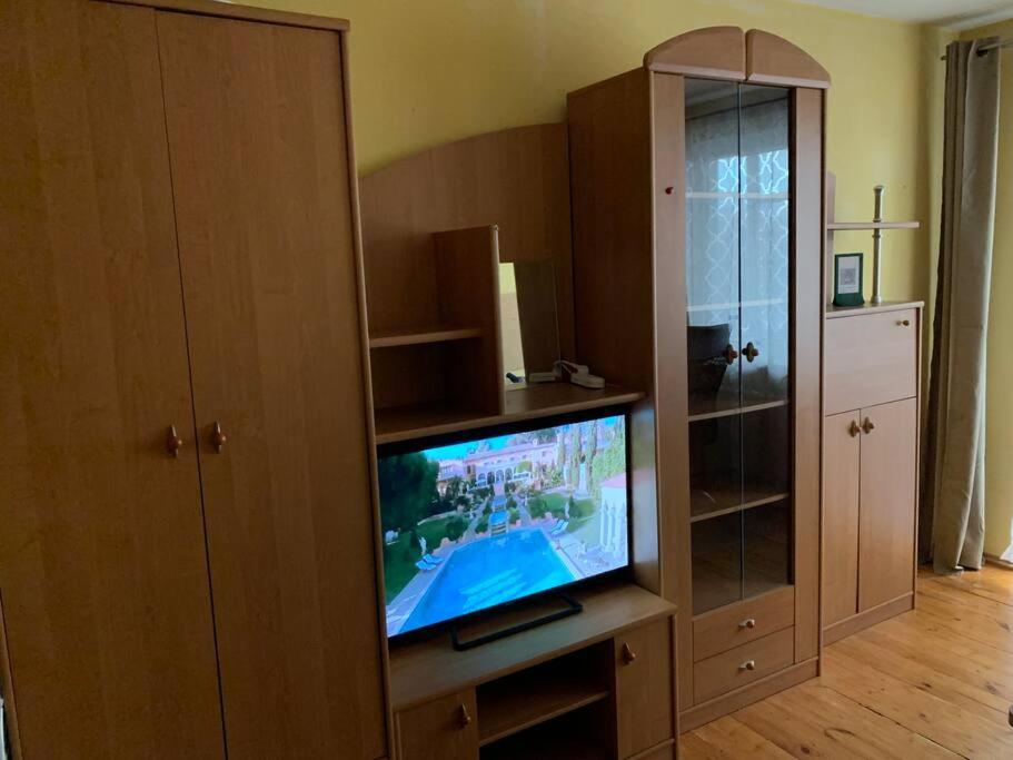 ein Wohnzimmer mit einem TV in einem Schrank in der Unterkunft Minties Street big 47 square meters apartment for 1-5 persons in Vilnius